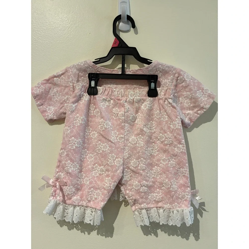 Young‎ Hearts Girls Pink Floral Lace Print Ruffle Bows Outfit Size 6 Vintage